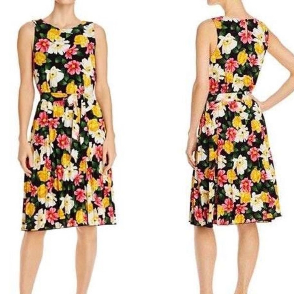 T Tahari Black Floral Print Sleeveless Pleated Belted Midi Dress Size Medium - Picture 3 of 12
